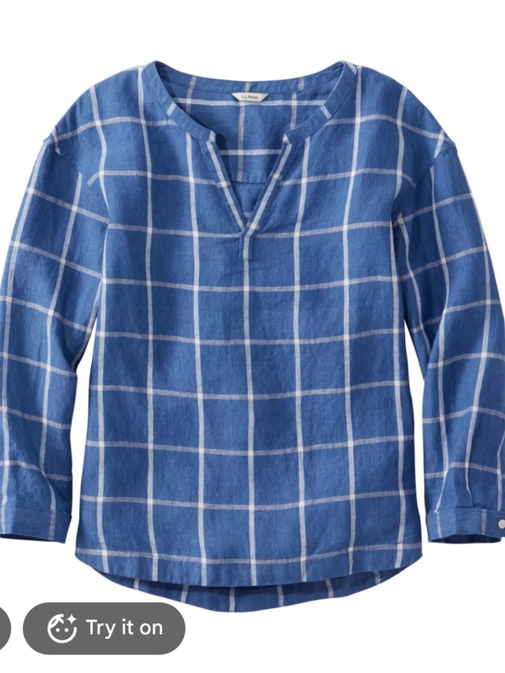 LL Bean 100% Linen Windowpane Splitneck Shirt Size XL New